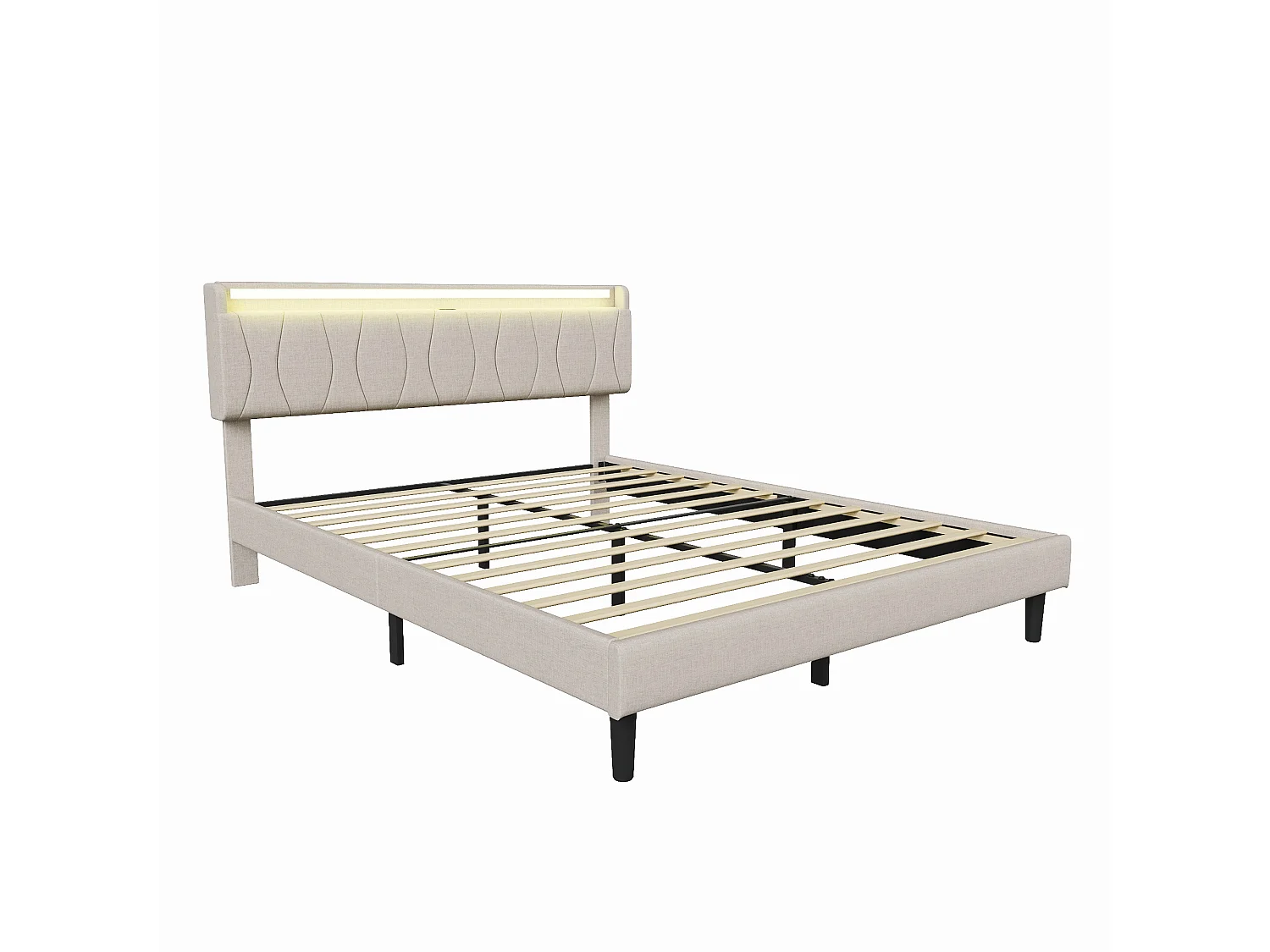 Lit 160 x 200 cm avec LED, prises USB et Type-C, lin, beige