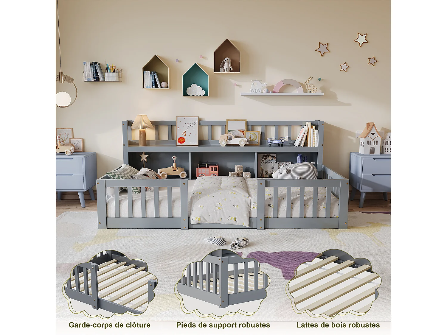 Kinderbed 90 x 200 cm met veiligheidshekjes, geïntegreerd plankje, Montessori laag bed, hout, grijs