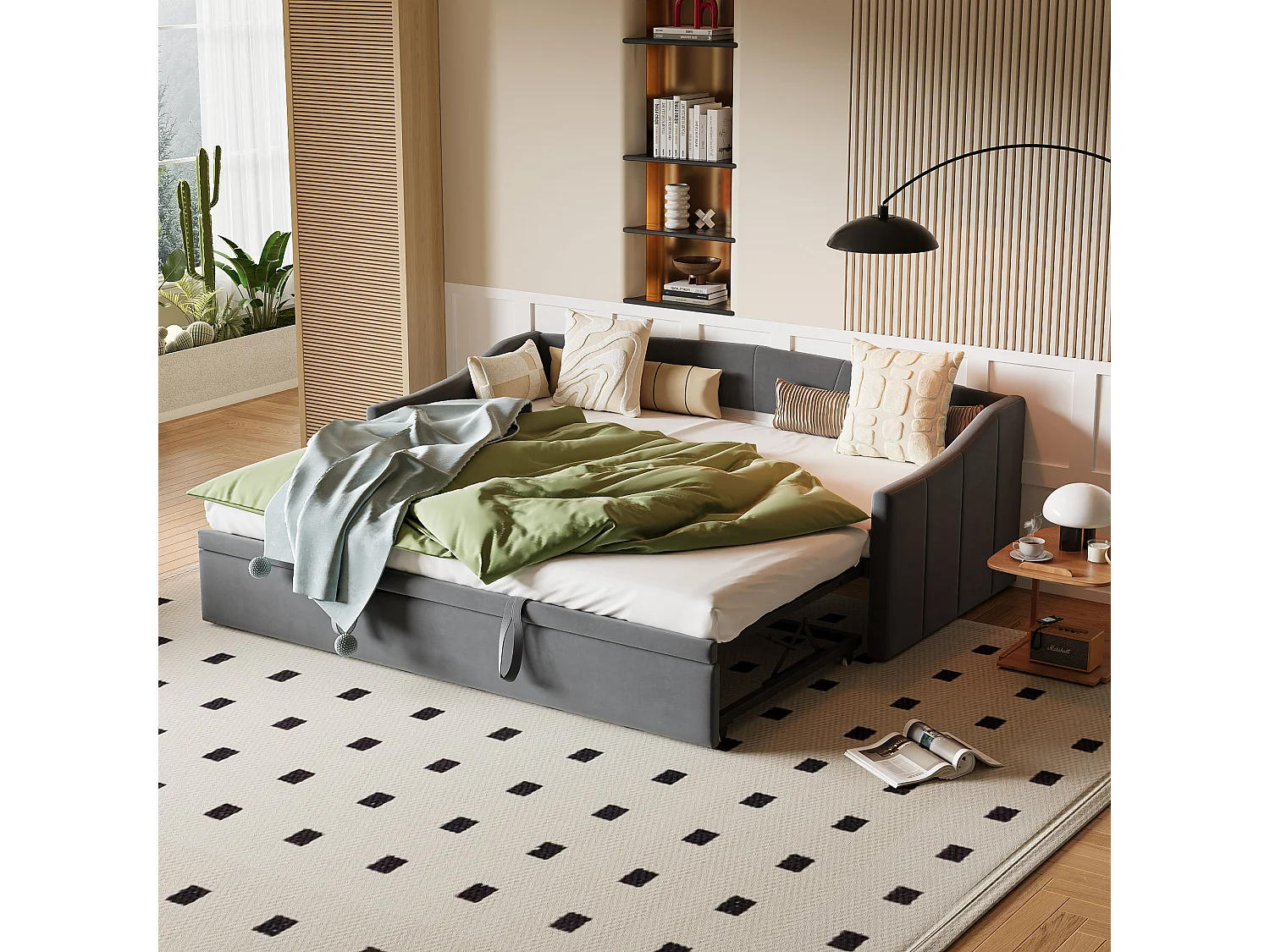 Lit banquette gigogne 90 x 200 cm，Velours，Gris