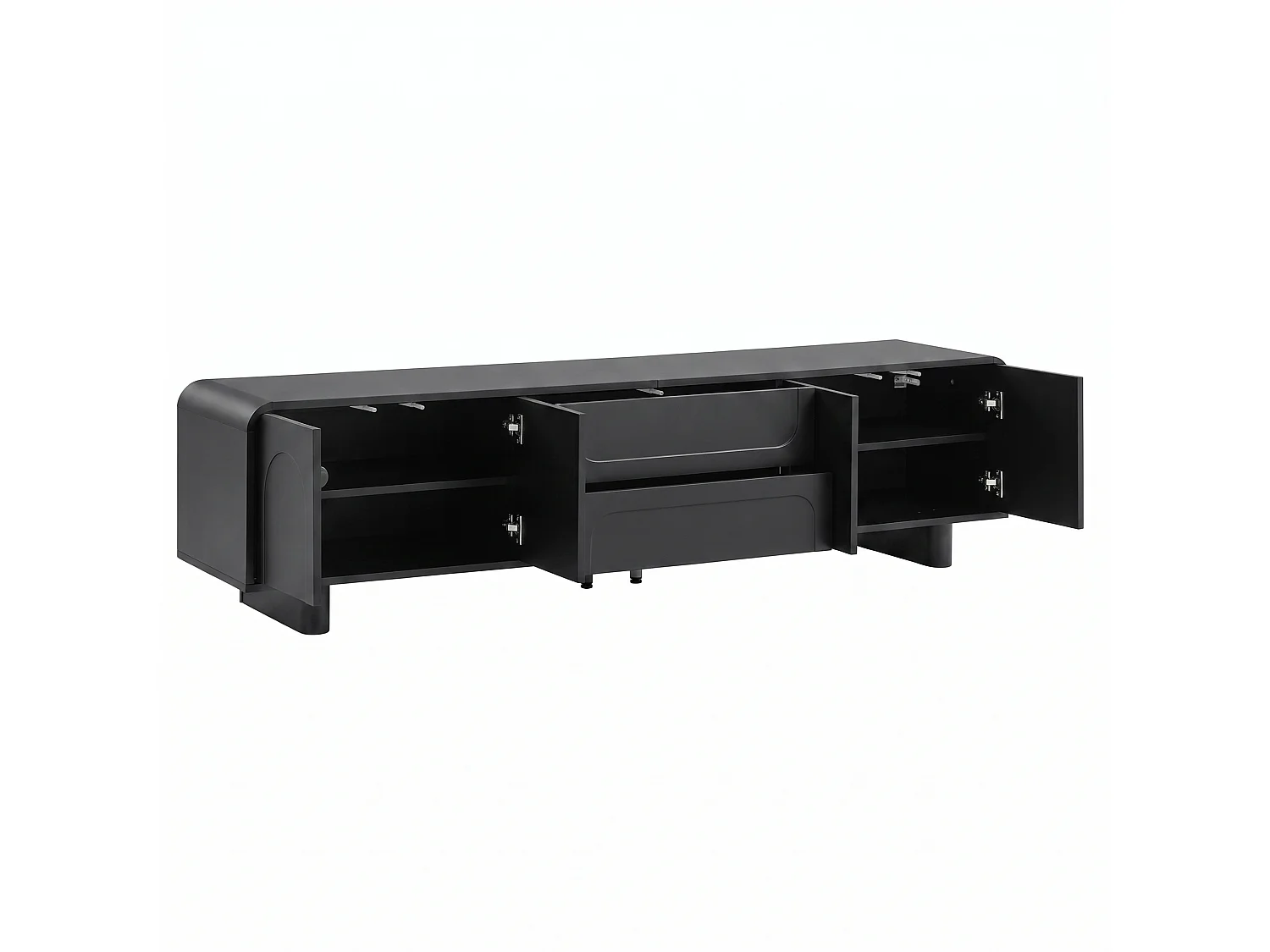 180 cm tv-meubel, zwart MDF met deuren en lades, afgerond ontwerp, kabelmanagement, zwart