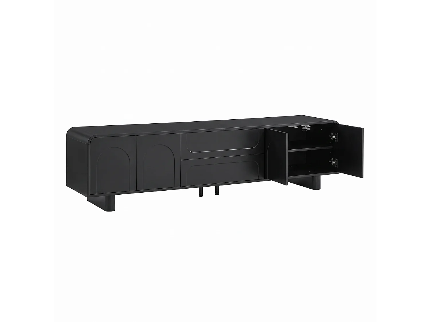180 cm tv-meubel, zwart MDF met deuren en lades, afgerond ontwerp, kabelmanagement, zwart