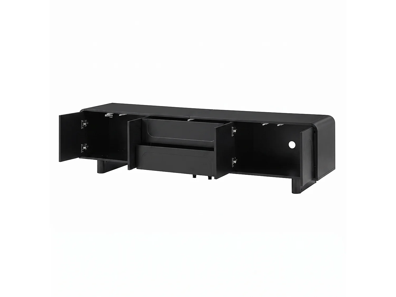 180 cm tv-meubel, zwart MDF met deuren en lades, afgerond ontwerp, kabelmanagement, zwart