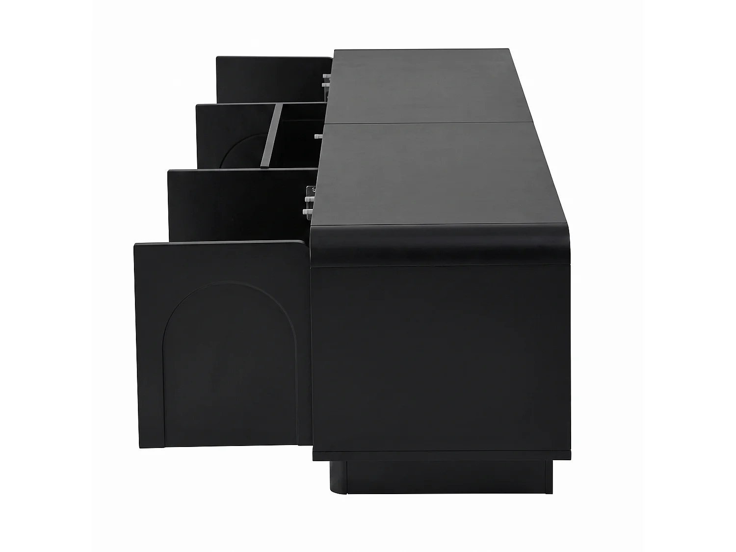 180 cm tv-meubel, zwart MDF met deuren en lades, afgerond ontwerp, kabelmanagement, zwart