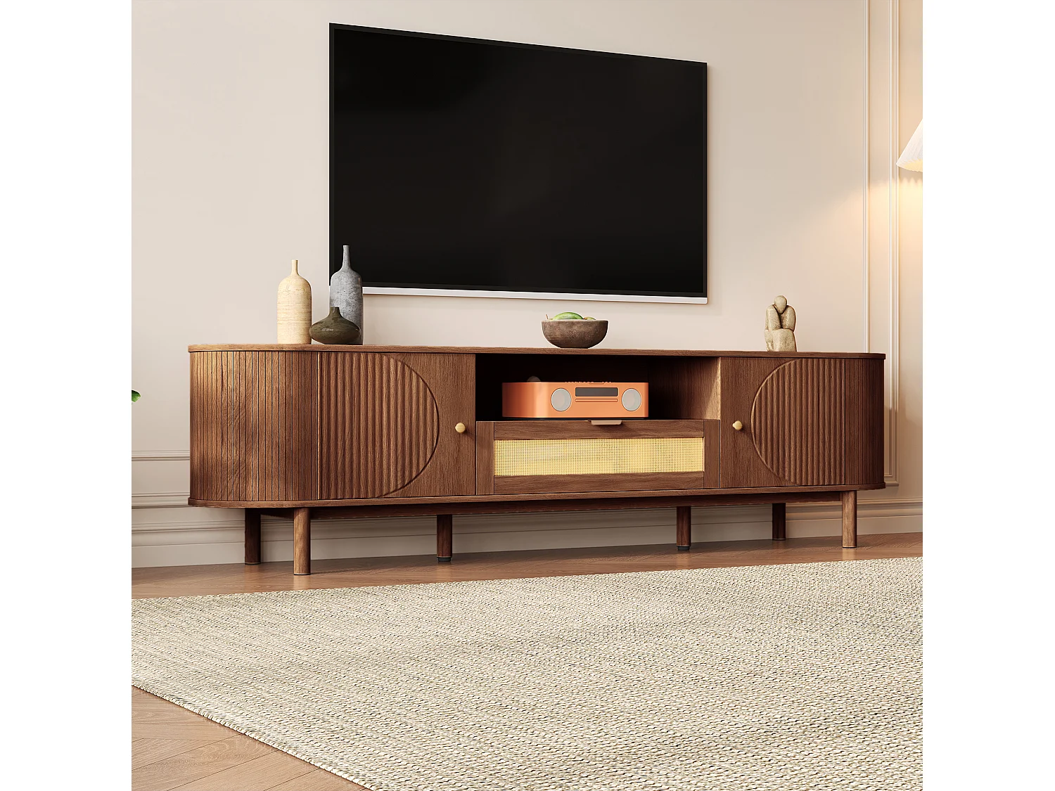 Meuble TV 175 x 36 x 51 cm, avec tiroirs rotin, rangement ouvert, design arrondi, Noyer