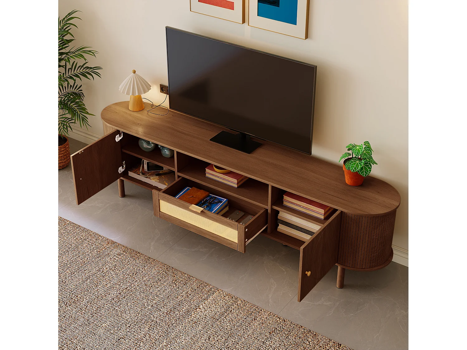 Meuble TV 175 x 36 x 51 cm, avec tiroirs rotin, rangement ouvert, design arrondi, Noyer