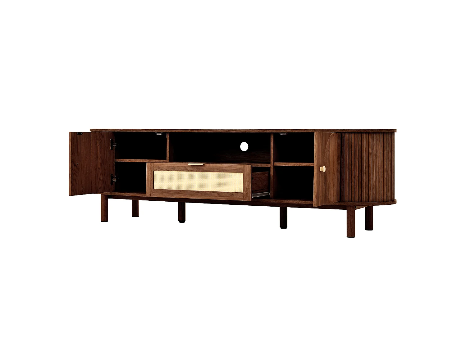 Meuble TV 175 x 36 x 51 cm, avec tiroirs rotin, rangement ouvert, design arrondi, Noyer