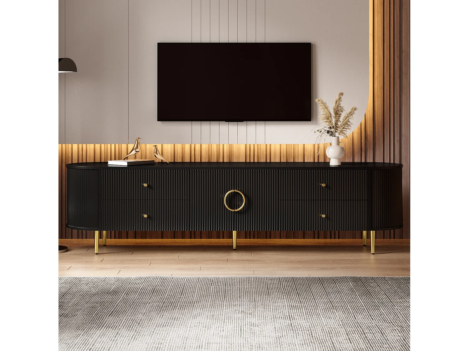 TV-meubel 180 x 40 x 53 cm MDF met golvende opbergruimte, 2 deuren, lades, metalen poten, zwart