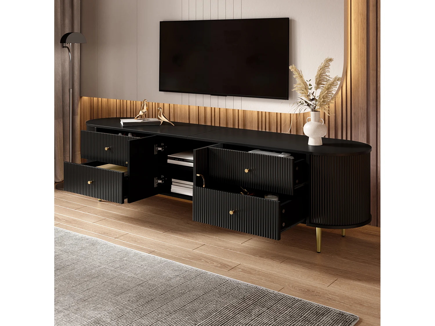 TV-meubel 180 x 40 x 53 cm MDF met golvende opbergruimte, 2 deuren, lades, metalen poten, zwart