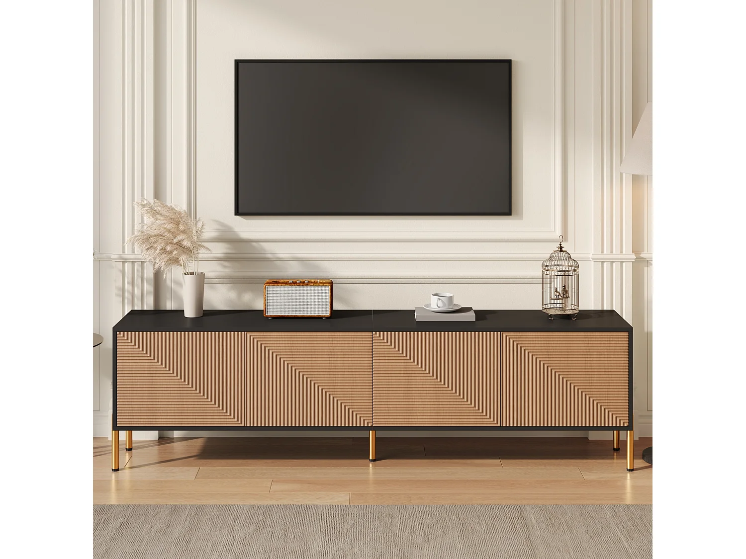 TV-meubel 179 x 35 x 53,5 cm, met 4 opbergvakken, 3D-reliëf op de fronten en goudkleurige poten, zwart