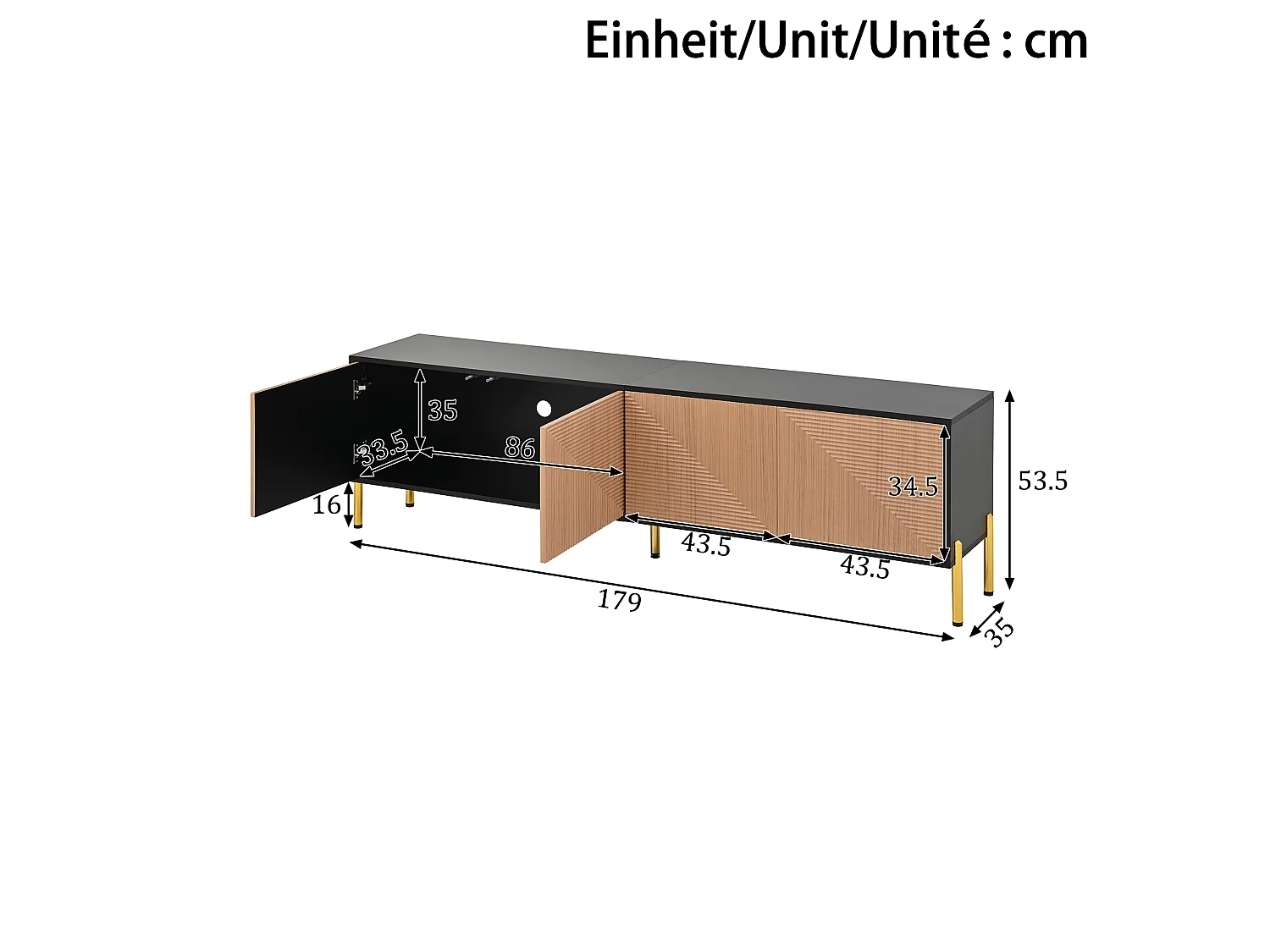 TV-meubel 179 x 35 x 53,5 cm, met 4 opbergvakken, 3D-reliëf op de fronten en goudkleurige poten, zwart