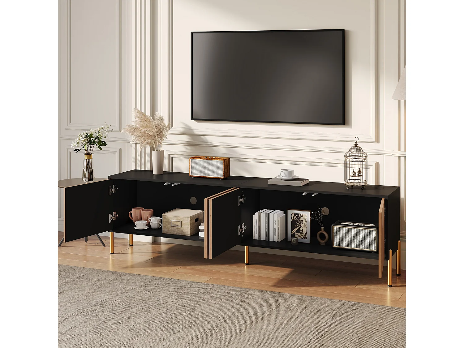 TV-meubel 179 x 35 x 53,5 cm, met 4 opbergvakken, 3D-reliëf op de fronten en goudkleurige poten, zwart