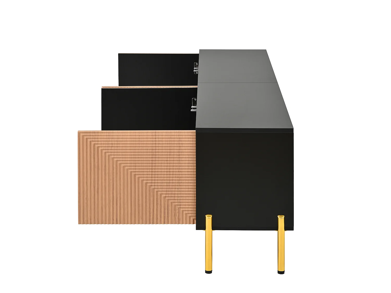 TV-meubel 179 x 35 x 53,5 cm, met 4 opbergvakken, 3D-reliëf op de fronten en goudkleurige poten, zwart