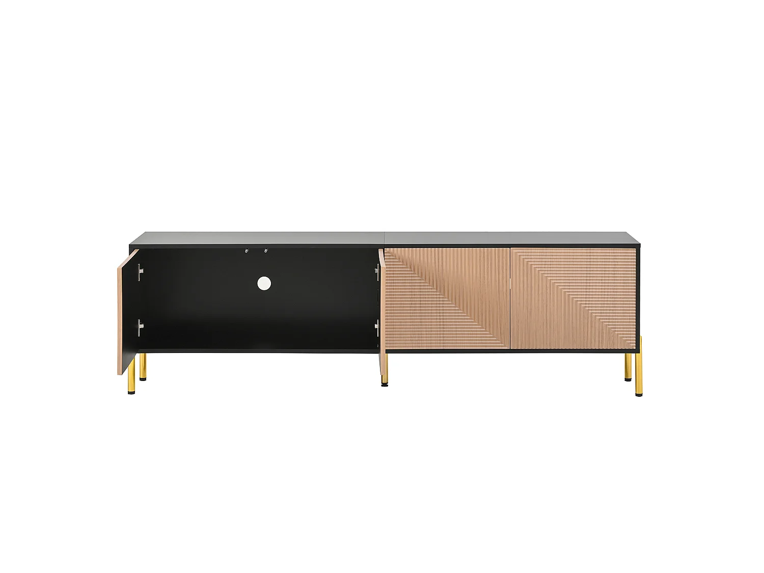 TV-meubel 179 x 35 x 53,5 cm, met 4 opbergvakken, 3D-reliëf op de fronten en goudkleurige poten, zwart
