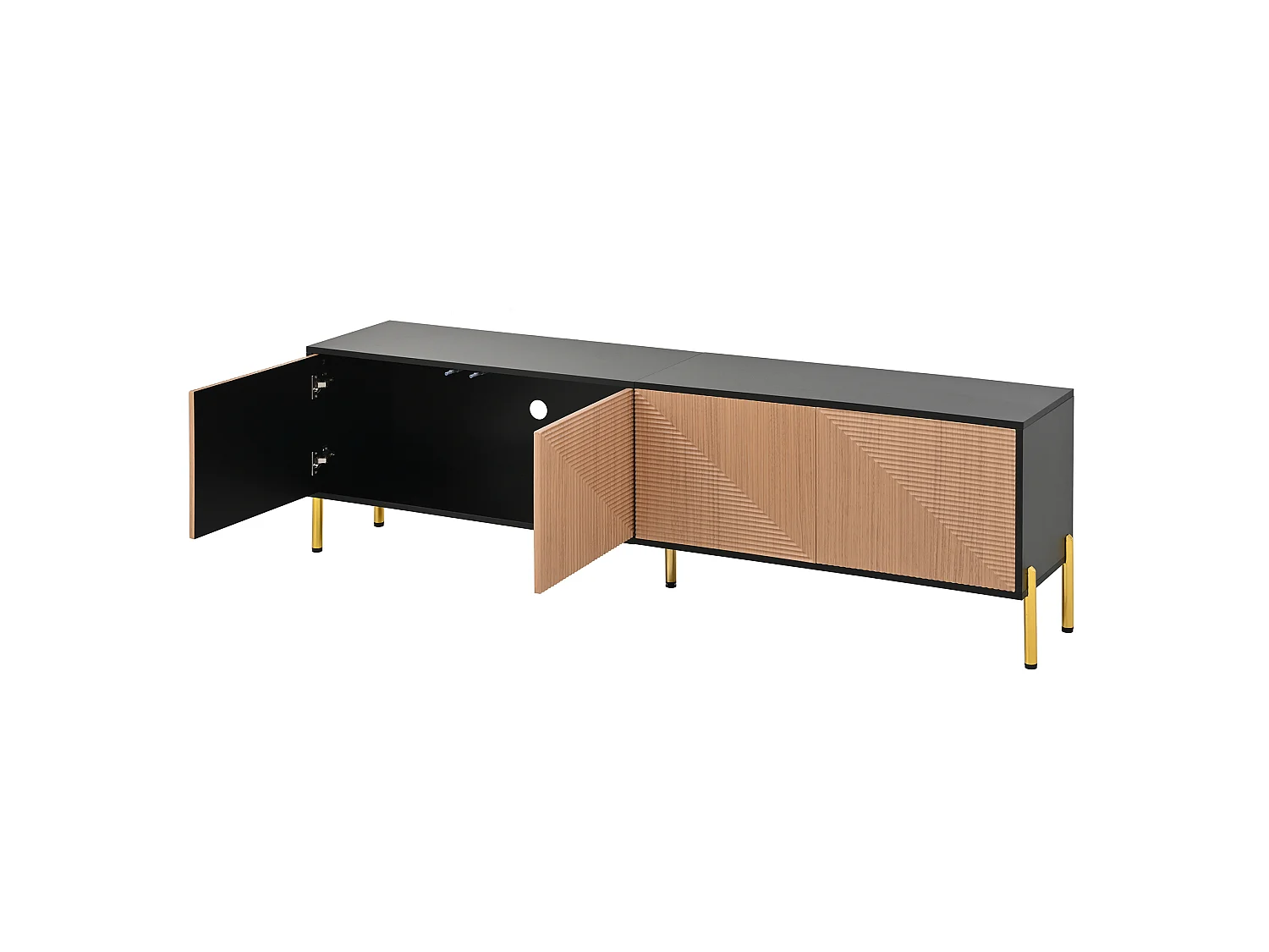 TV-meubel 179 x 35 x 53,5 cm, met 4 opbergvakken, 3D-reliëf op de fronten en goudkleurige poten, zwart