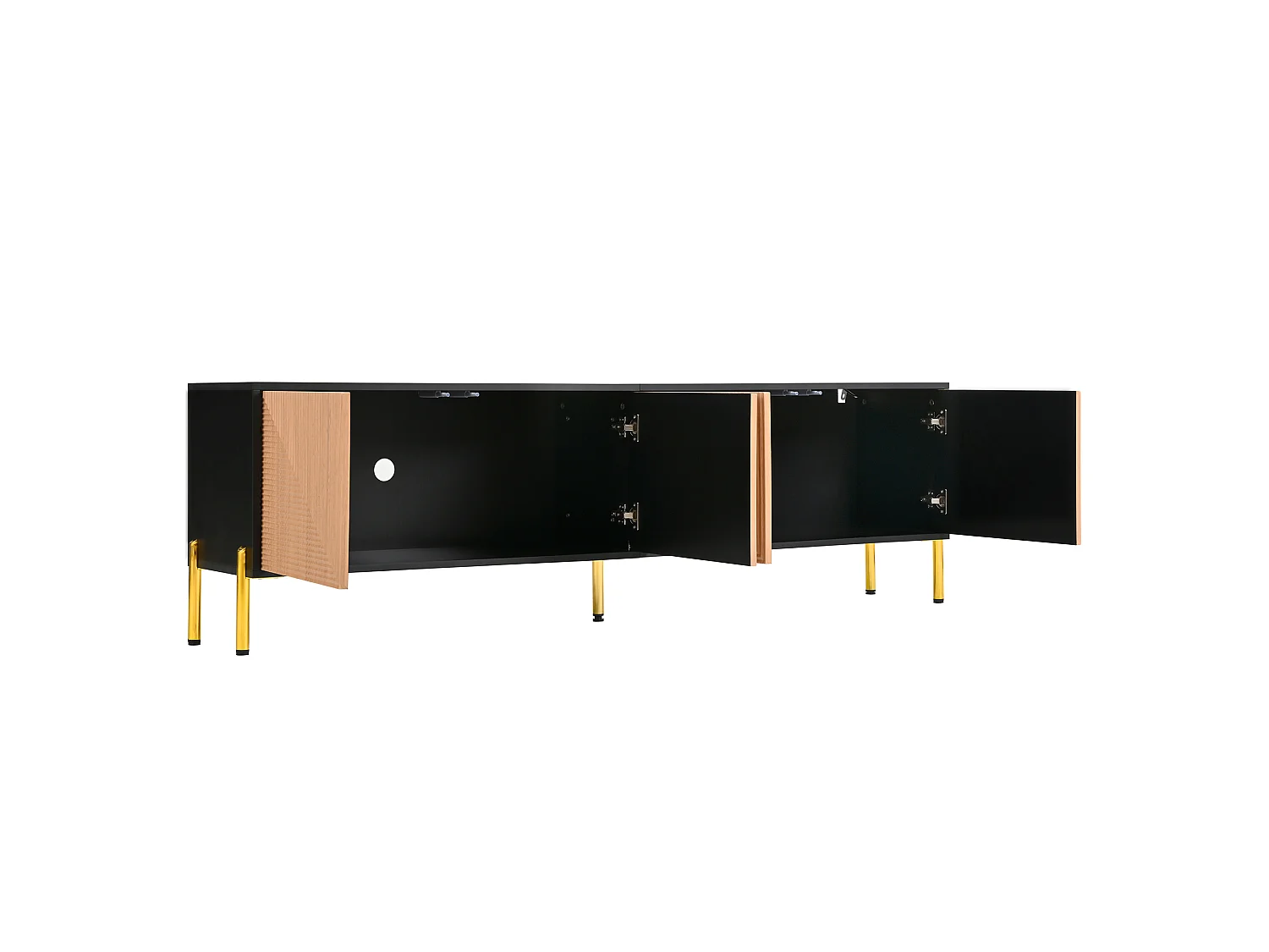 TV-meubel 179 x 35 x 53,5 cm, met 4 opbergvakken, 3D-reliëf op de fronten en goudkleurige poten, zwart