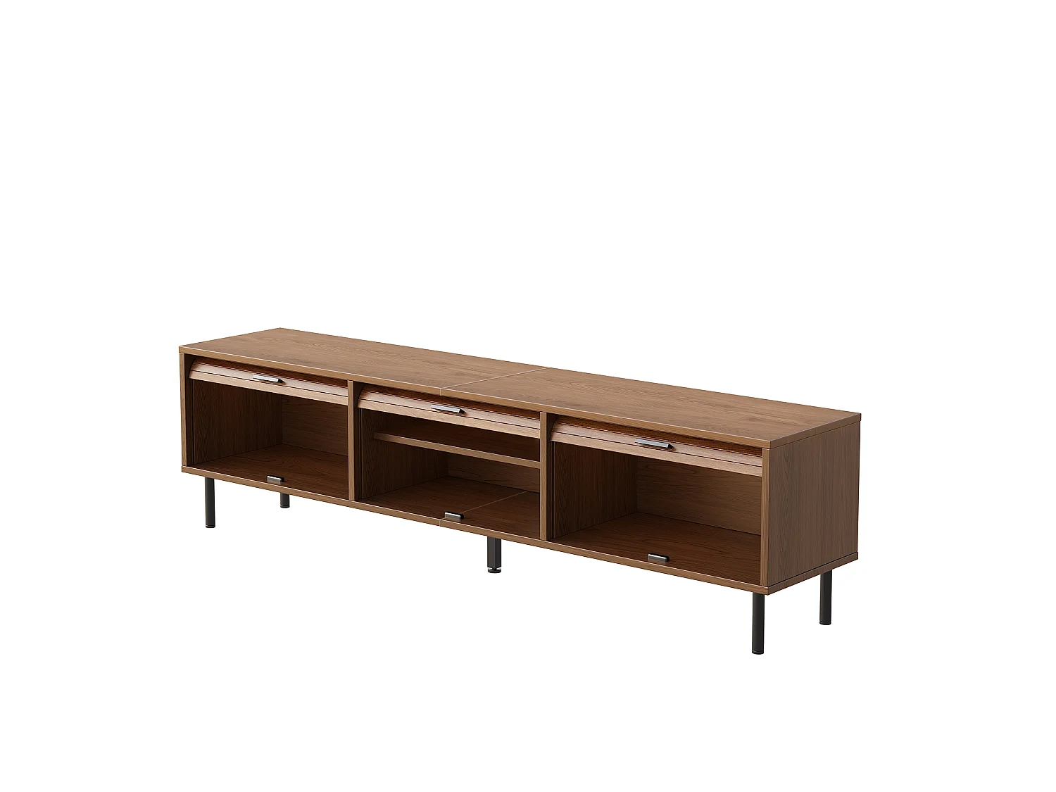 Meuble TV 180 x 40 x 55 cm en MDF effet noyer, 3 portes coulissantes, pieds métal noir
