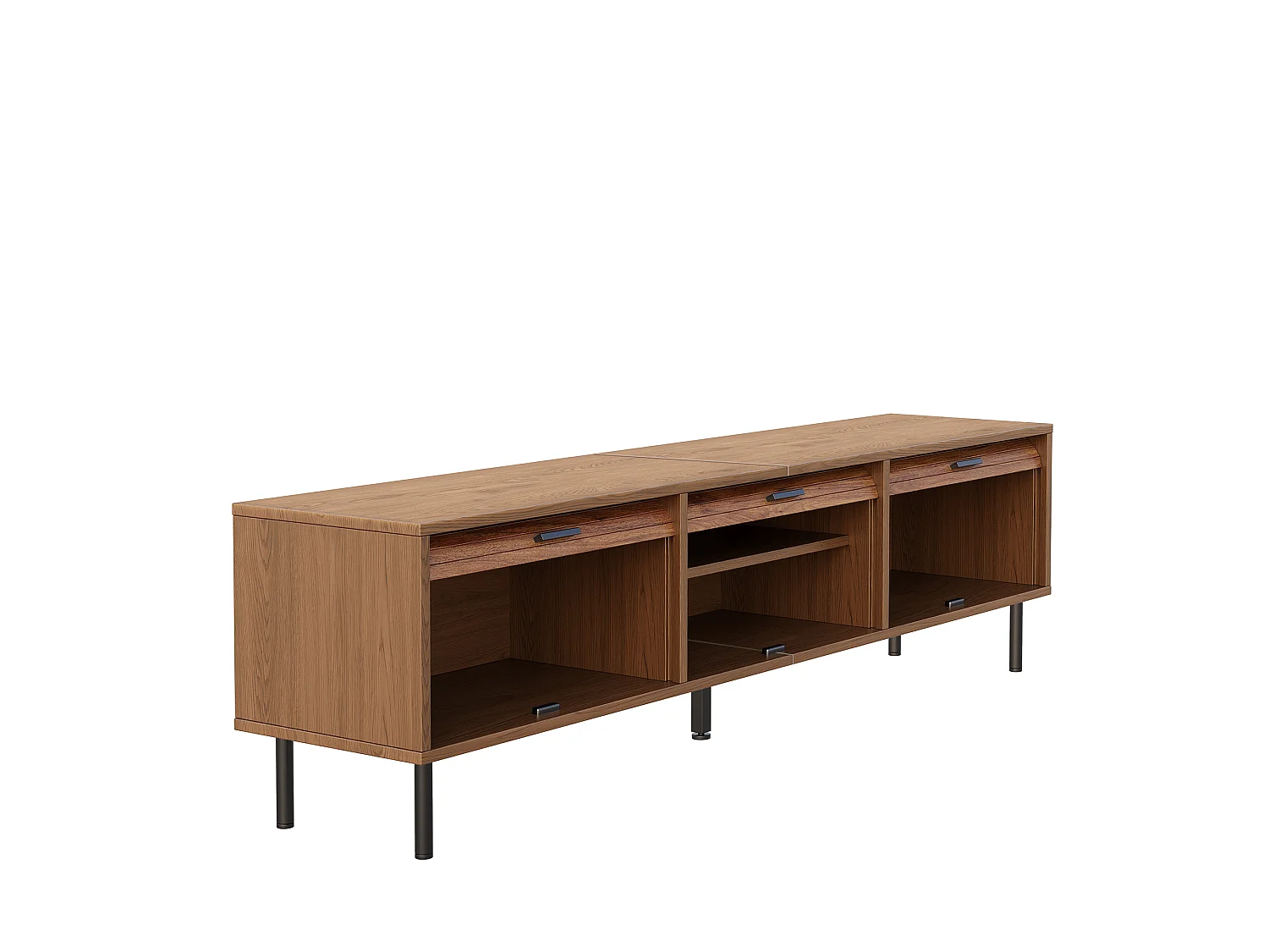 Meuble TV 180 x 40 x 55 cm en MDF effet noyer, 3 portes coulissantes, pieds métal noir