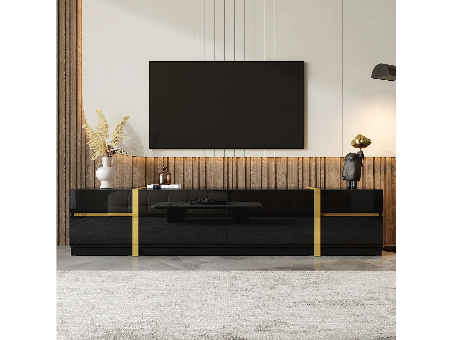 TV-meubel 180 x 40 x 38 cm van MDF/PB, 4 lades, 2 deuren, hoogglans zwart met gouden afwerking