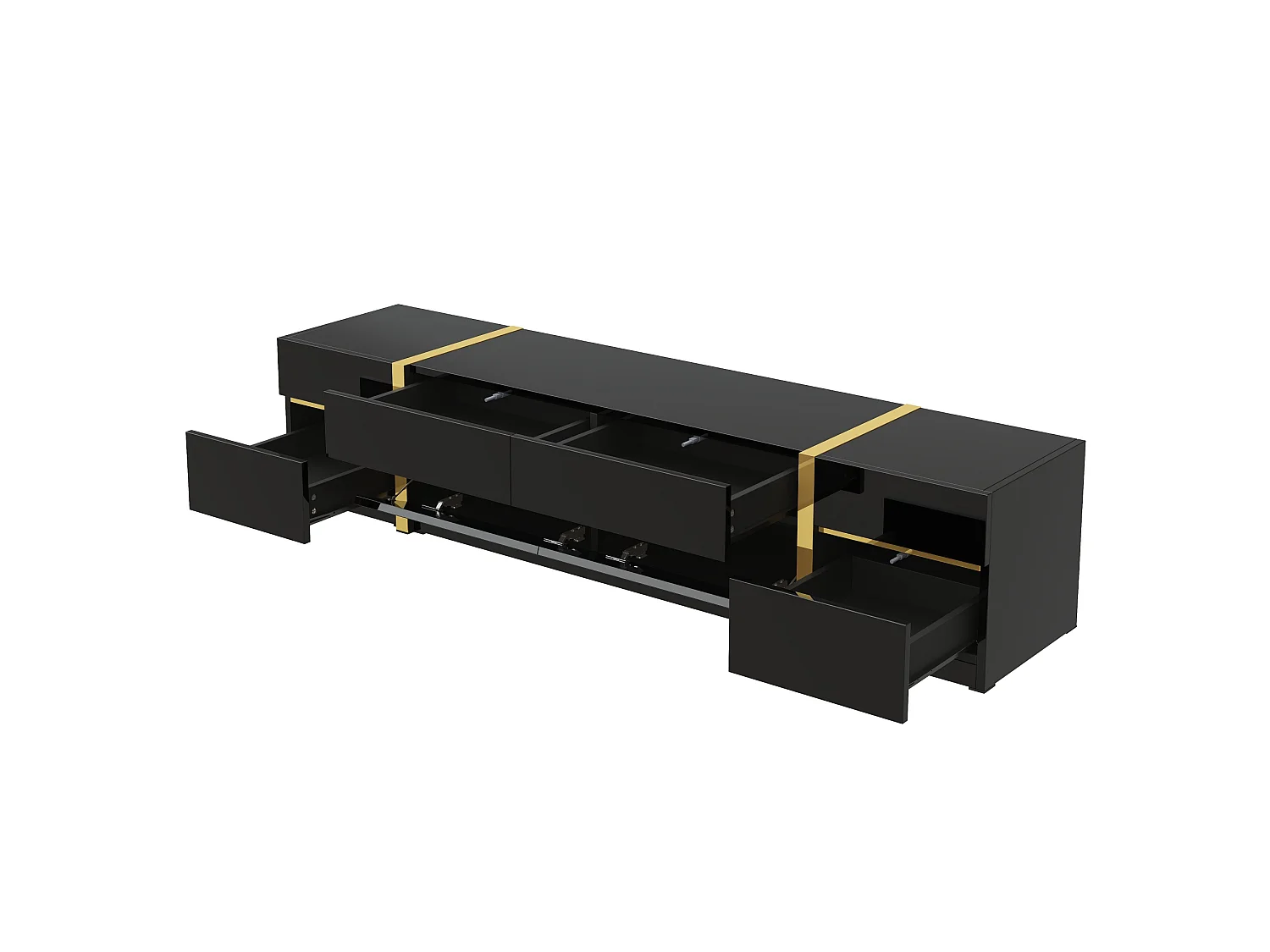 TV-meubel 180 x 40 x 38 cm van MDF/PB, 4 lades, 2 deuren, hoogglans zwart met gouden afwerking