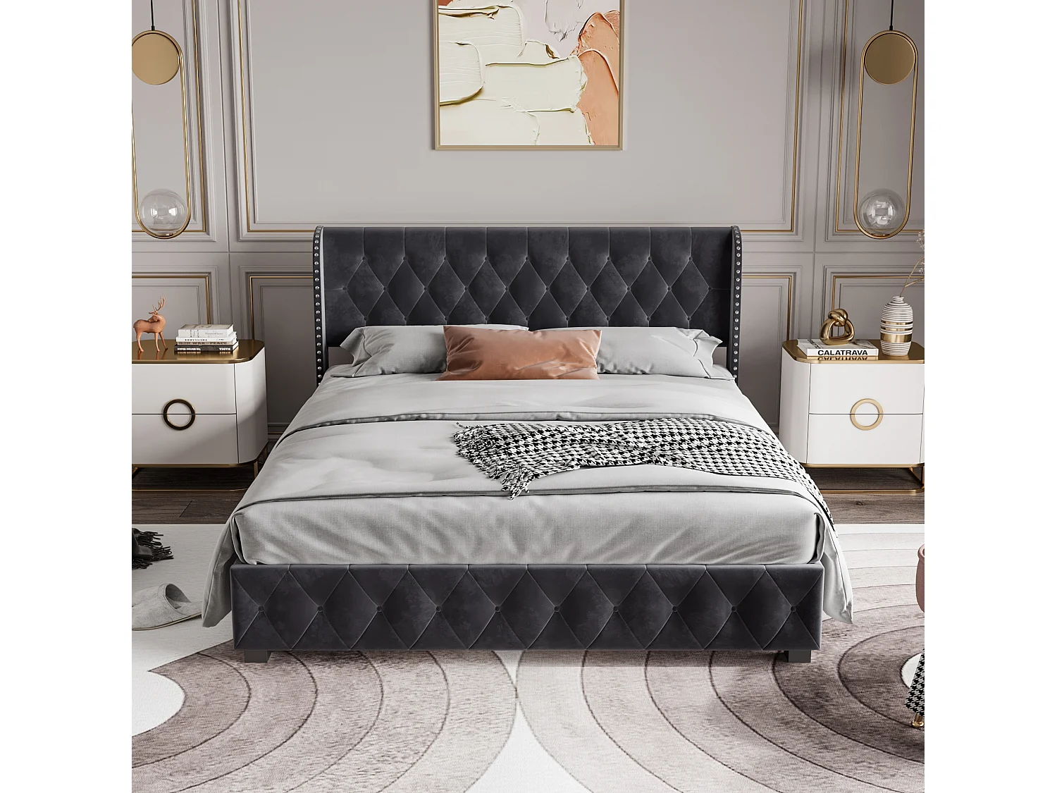 Lit coffre 140 x 190 cm avec rangement à vérins, velours, gris foncé