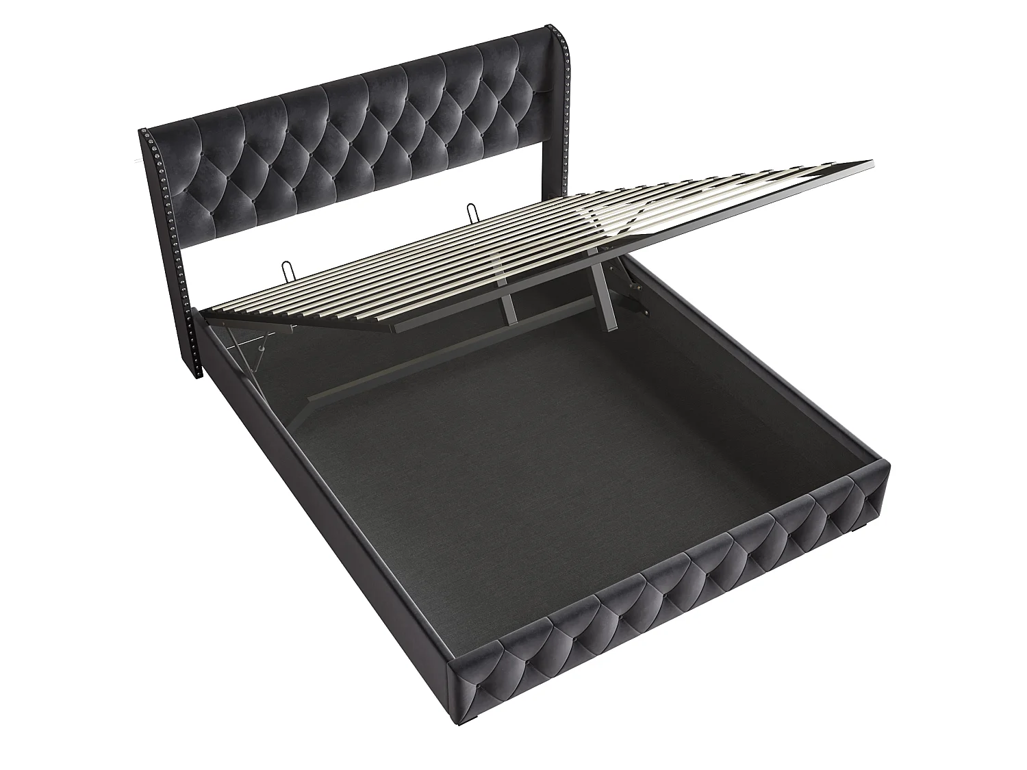 Lit coffre 140 x 190 cm avec rangement à vérins, velours, gris foncé