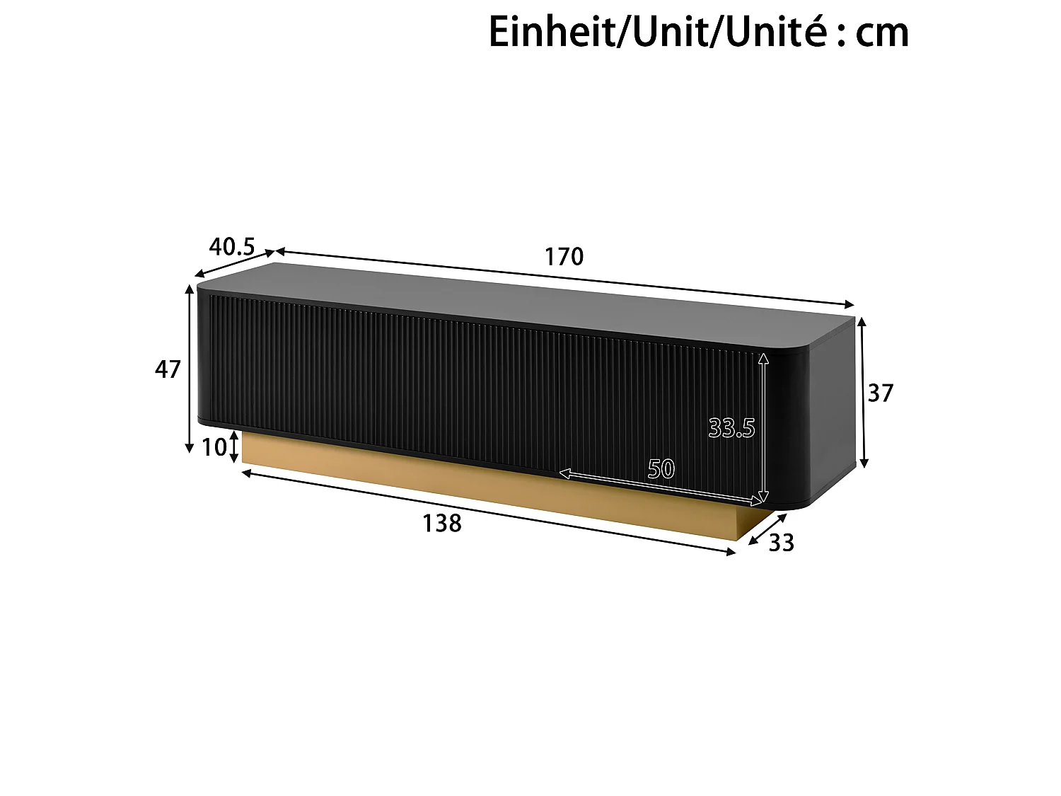 Tv-meubel van 170 cm, zwart MDF met houtlook, 3 deuren met opbergruimte, afgerond ontwerp en kabelmanagement, zwart