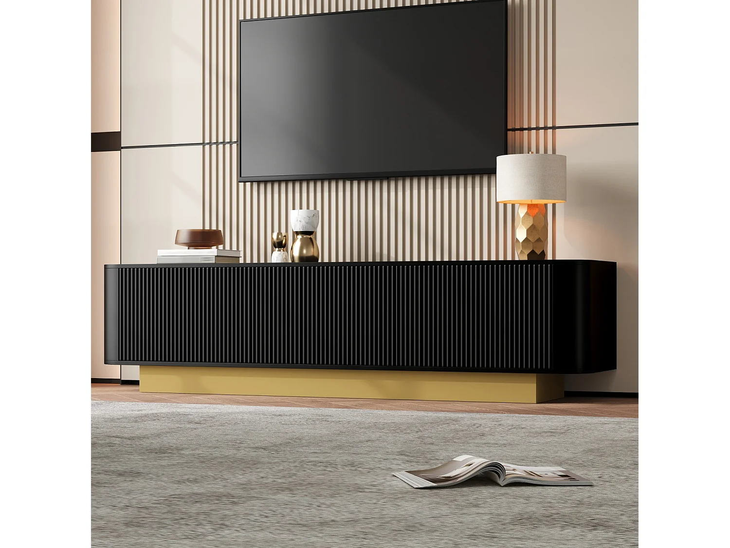 Tv-meubel van 170 cm, zwart MDF met houtlook, 3 deuren met opbergruimte, afgerond ontwerp en kabelmanagement, zwart