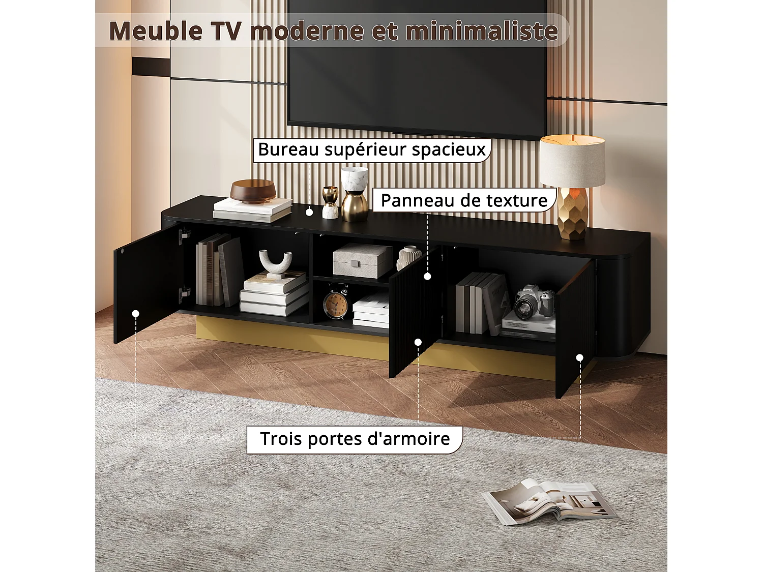 Tv-meubel van 170 cm, zwart MDF met houtlook, 3 deuren met opbergruimte, afgerond ontwerp en kabelmanagement, zwart