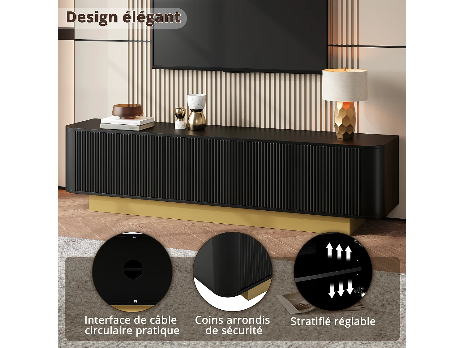 Tv-meubel van 170 cm, zwart MDF met houtlook, 3 deuren met opbergruimte, afgerond ontwerp en kabelmanagement, zwart
