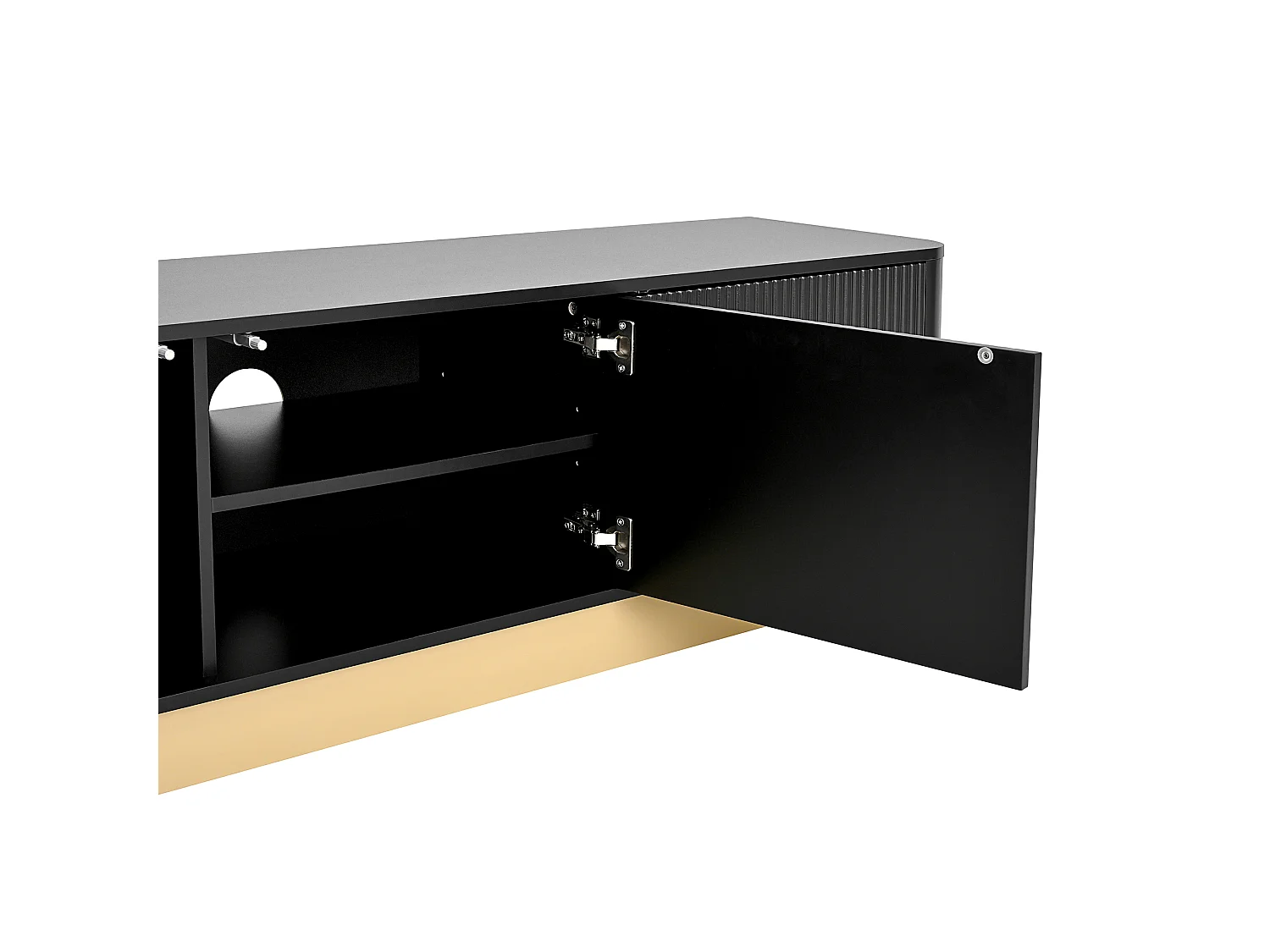 Tv-meubel van 170 cm, zwart MDF met houtlook, 3 deuren met opbergruimte, afgerond ontwerp en kabelmanagement, zwart