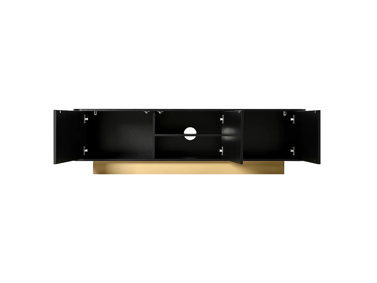 Tv-meubel van 170 cm, zwart MDF met houtlook, 3 deuren met opbergruimte, afgerond ontwerp en kabelmanagement, zwart