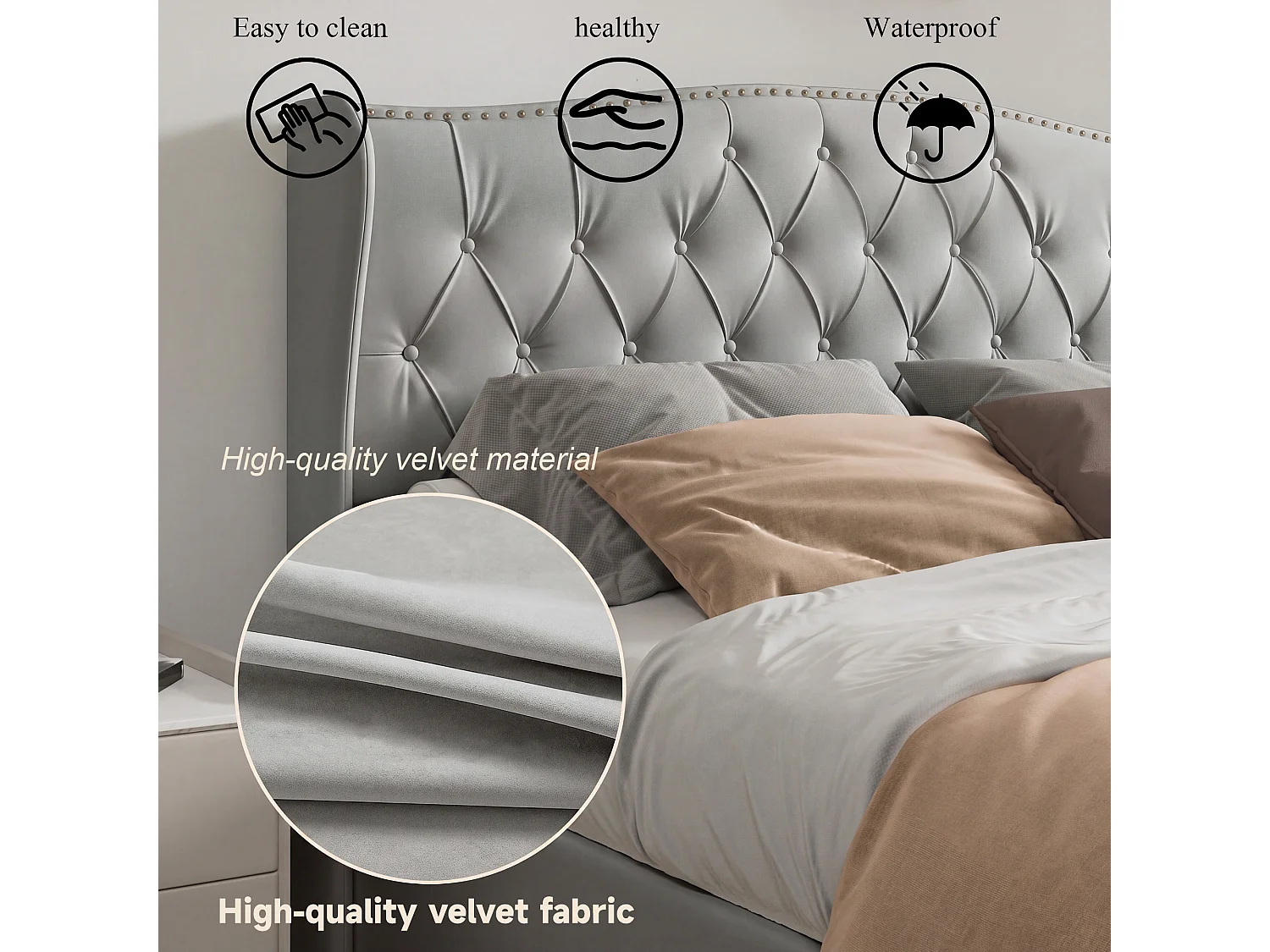 Lit double 140 × 190 cm avec tête de lit capitonnée à clous décoratifs, velours, gris