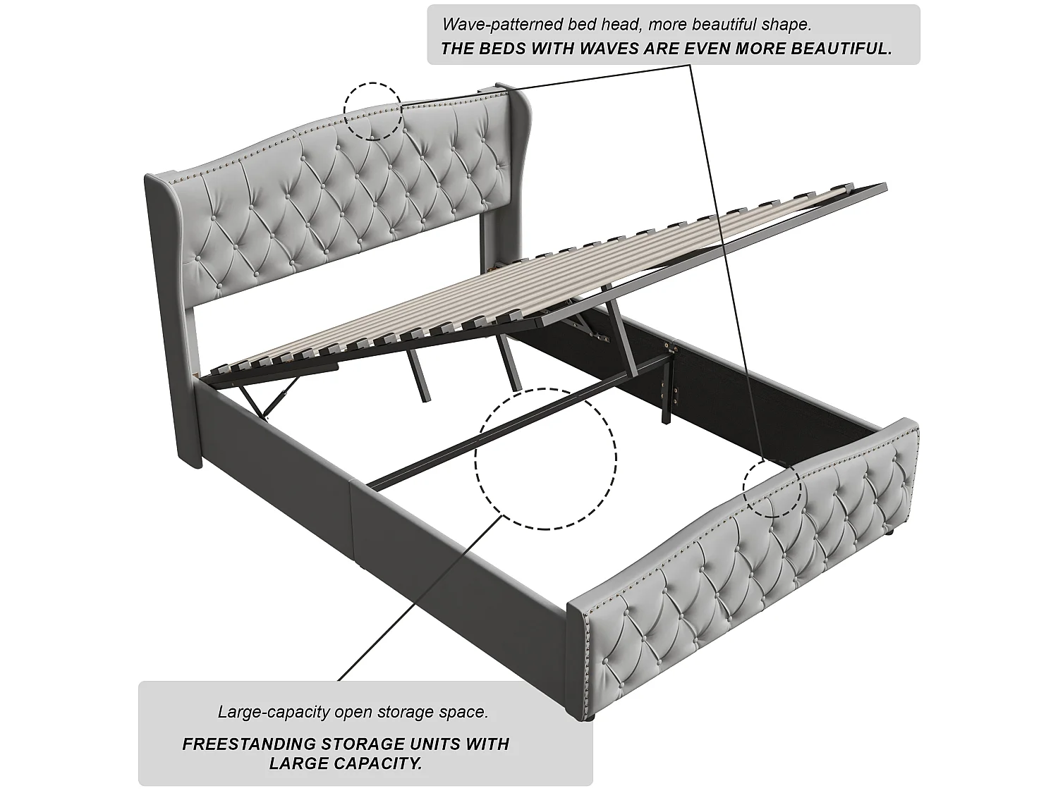 Lit double 140 × 190 cm avec tête de lit capitonnée à clous décoratifs, velours, gris