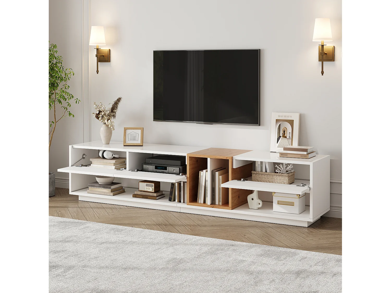 TV-meubel 190 x 38 x 42 cm, met glanzende deuren, sfeerverlichting met ledlampen, open opbergruimte, wit