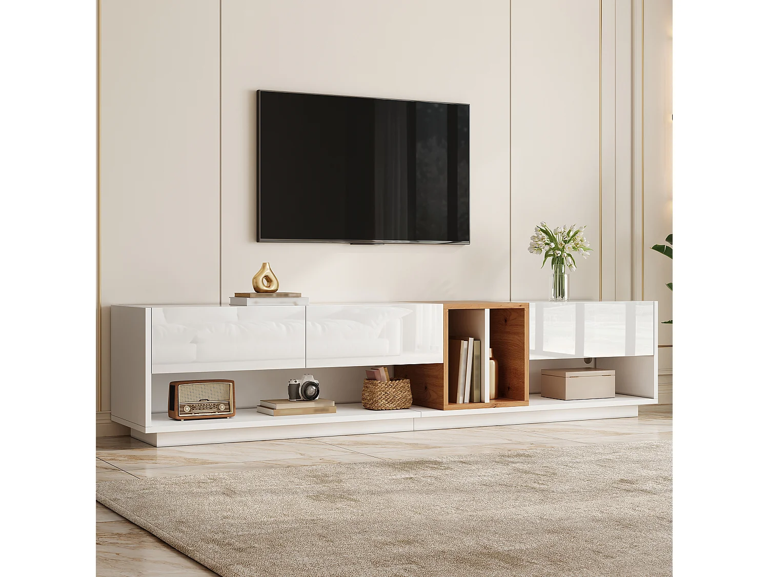 TV-meubel 190 x 38 x 42 cm, met glanzende deuren, sfeerverlichting met ledlampen, open opbergruimte, wit