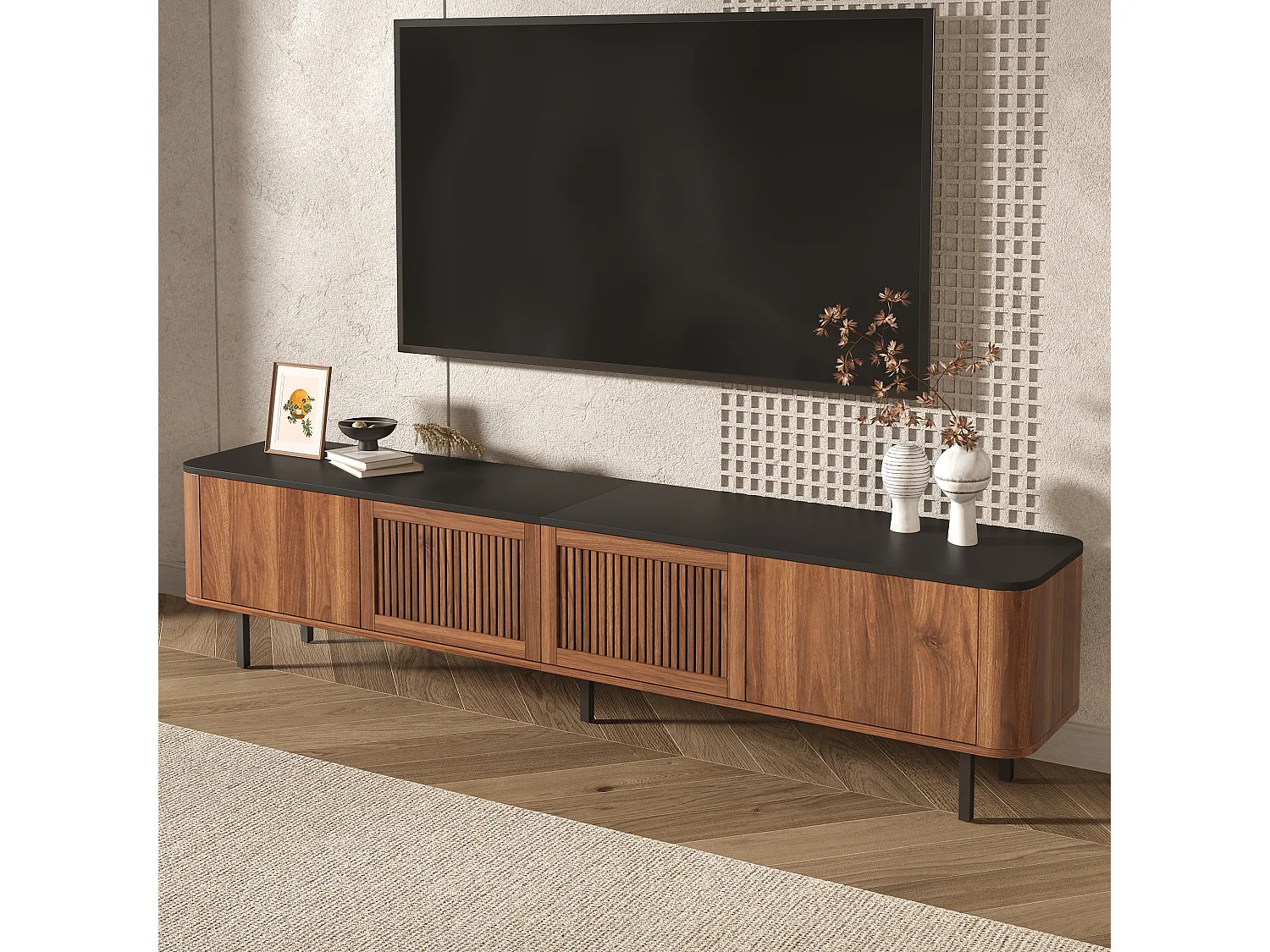 Meuble TV 190 x 35 x 45 cm, portes effet cannage, rangements multiples, pieds en métal, noyer