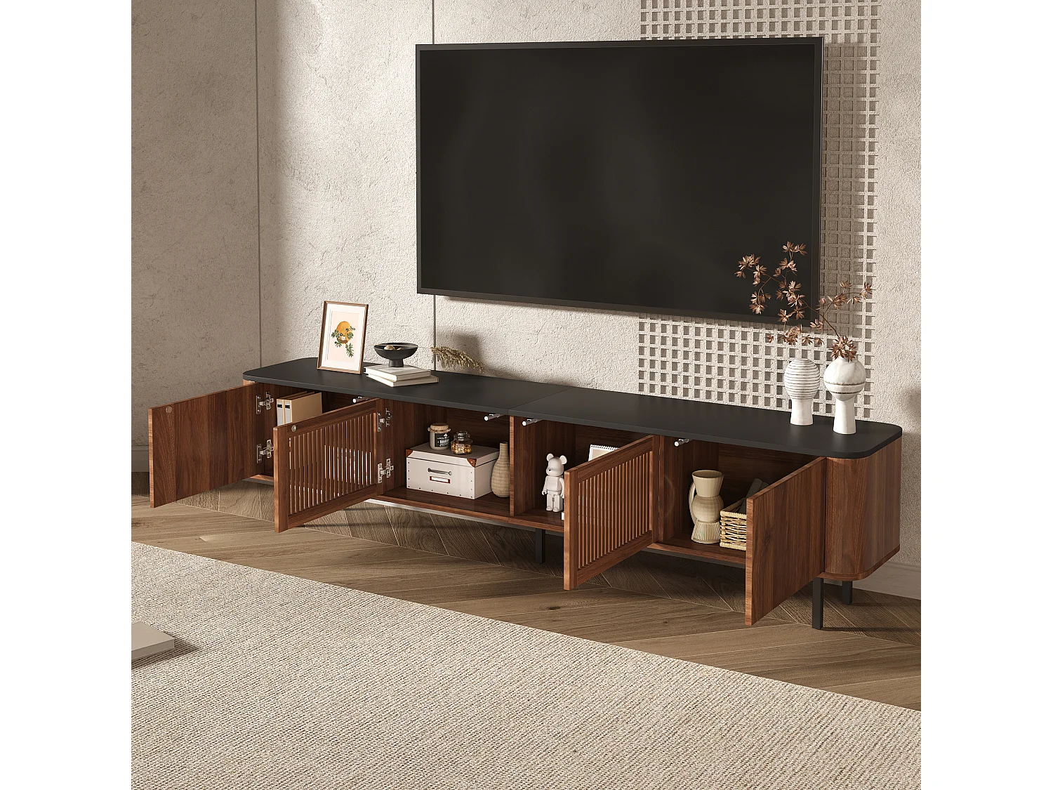 Meuble TV 190 x 35 x 45 cm, portes effet cannage, rangements multiples, pieds en métal, noyer