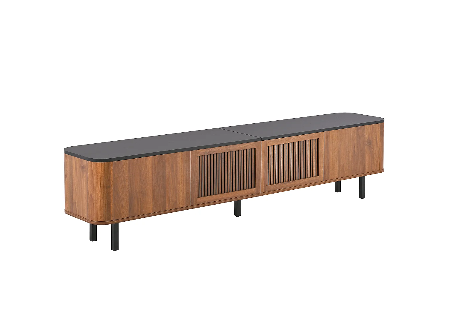 Meuble TV 190 x 35 x 45 cm, portes effet cannage, rangements multiples, pieds en métal, noyer