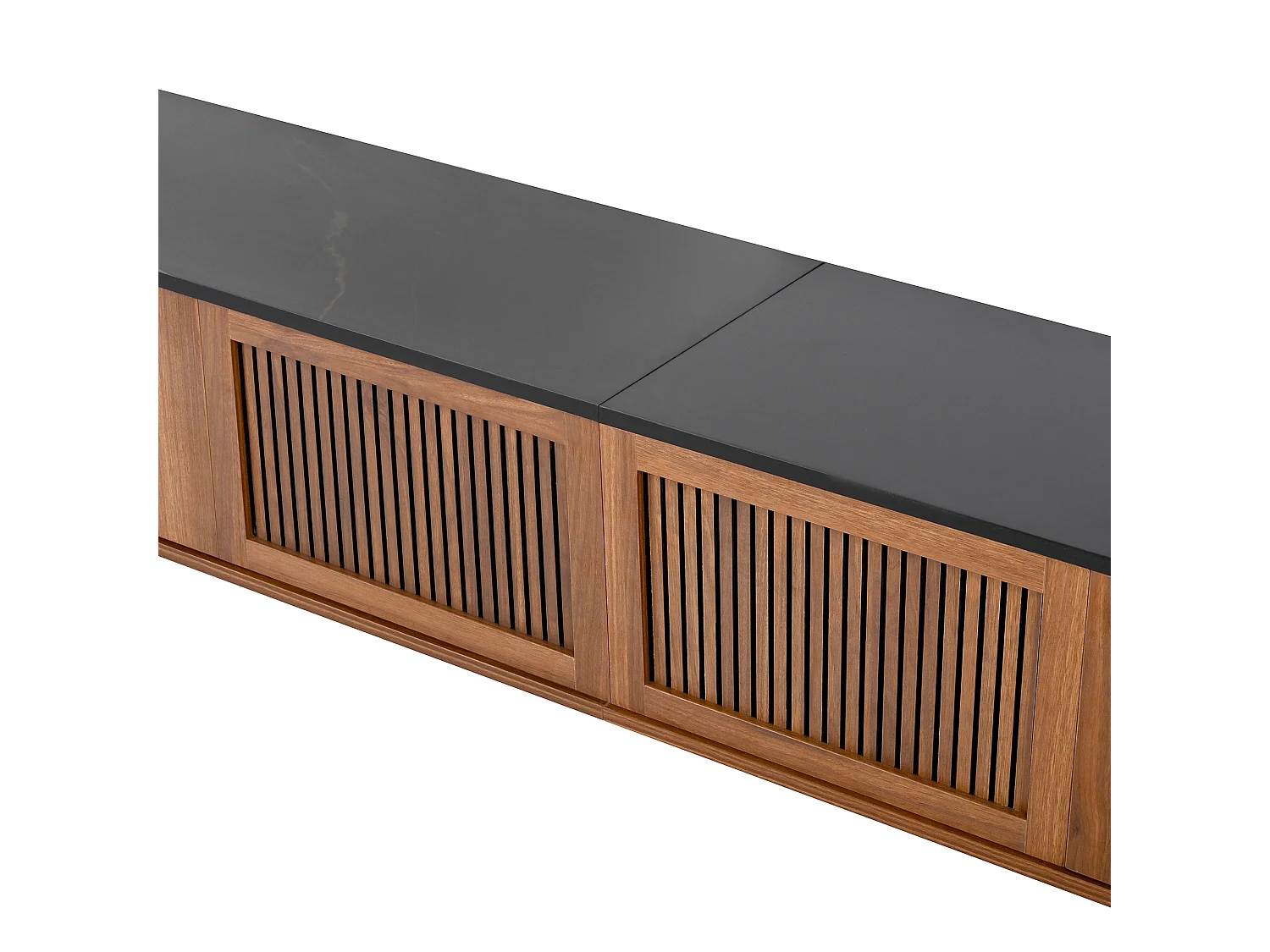 Meuble TV 190 x 35 x 45 cm, portes effet cannage, rangements multiples, pieds en métal, noyer