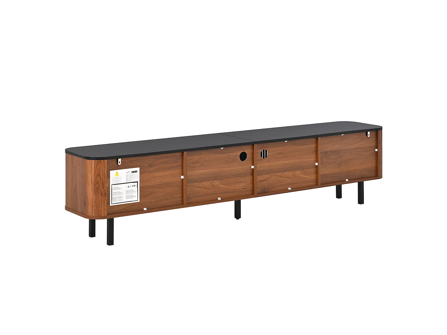 Meuble TV 190 x 35 x 45 cm, portes effet cannage, rangements multiples, pieds en métal, noyer