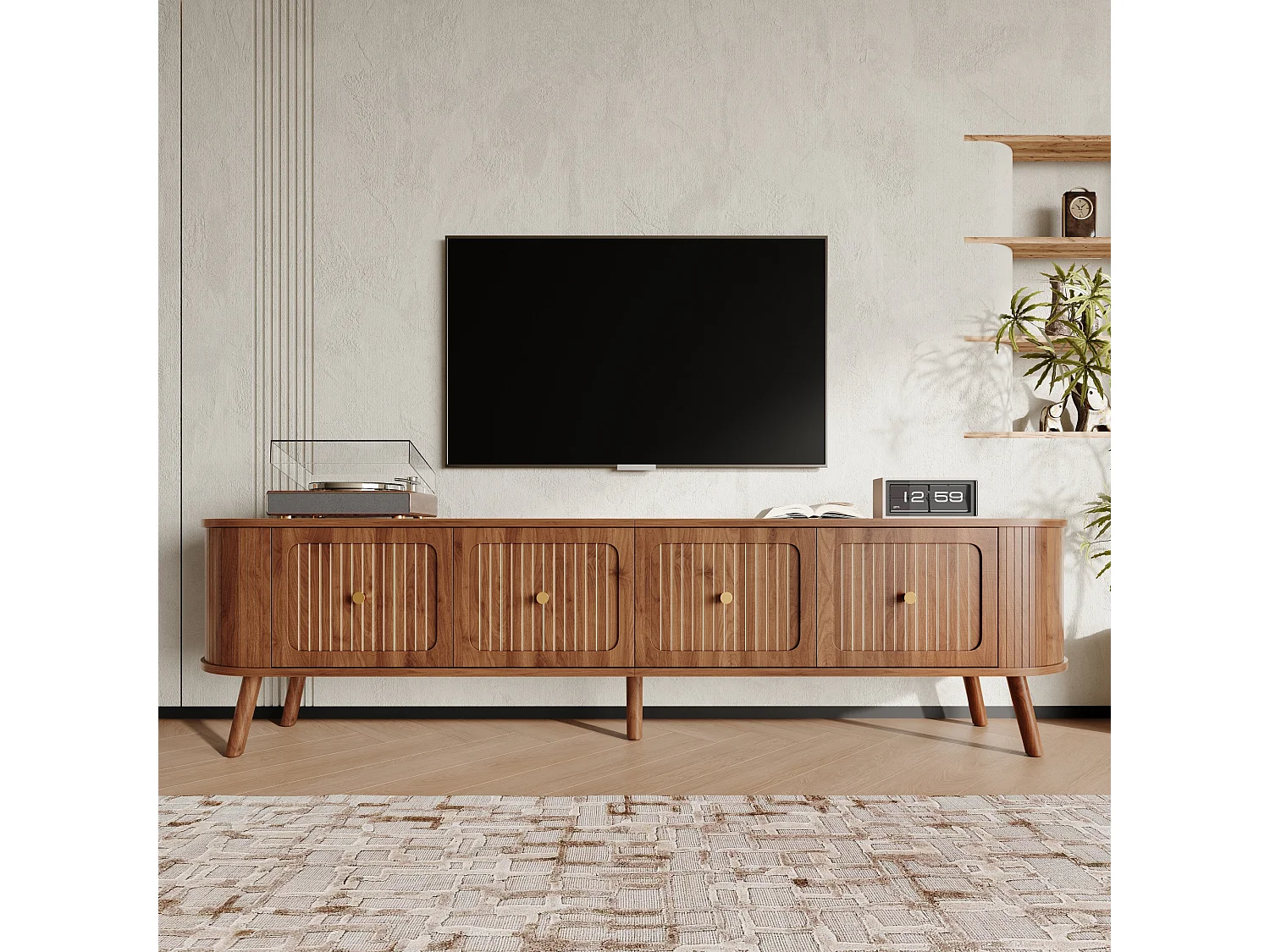 Meuble TV 180 x 38 x 47 cm, 4 portes, poignées dorées, pieds en bois, noyer