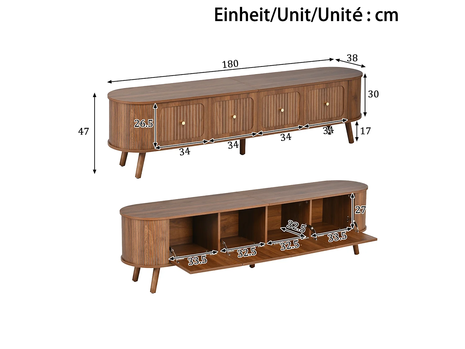 Meuble TV 180 x 38 x 47 cm, 4 portes, poignées dorées, pieds en bois, noyer