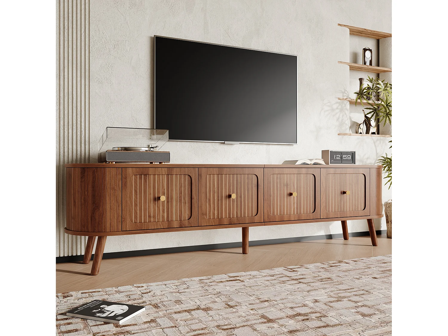 Meuble TV 180 x 38 x 47 cm, 4 portes, poignées dorées, pieds en bois, noyer
