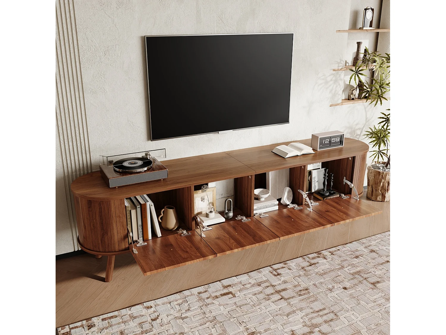 Meuble TV 180 x 38 x 47 cm, 4 portes, poignées dorées, pieds en bois, noyer