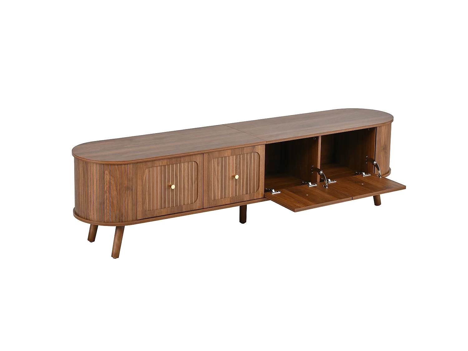 Meuble TV 180 x 38 x 47 cm, 4 portes, poignées dorées, pieds en bois, noyer