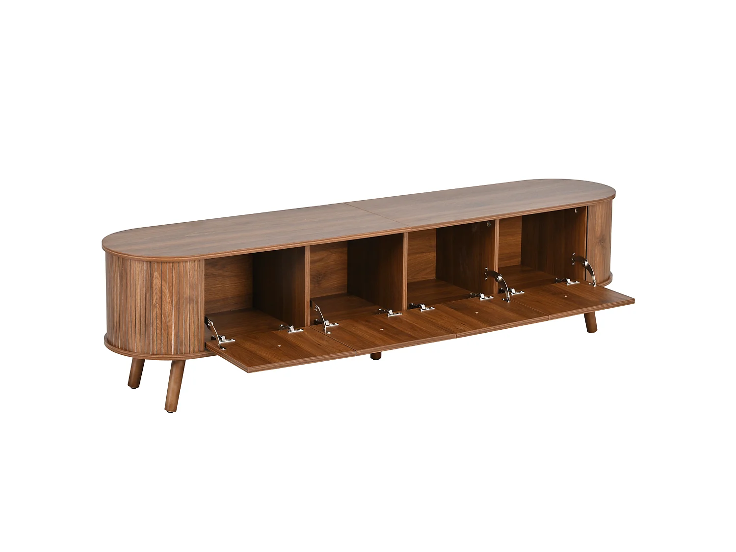 Meuble TV 180 x 38 x 47 cm, 4 portes, poignées dorées, pieds en bois, noyer