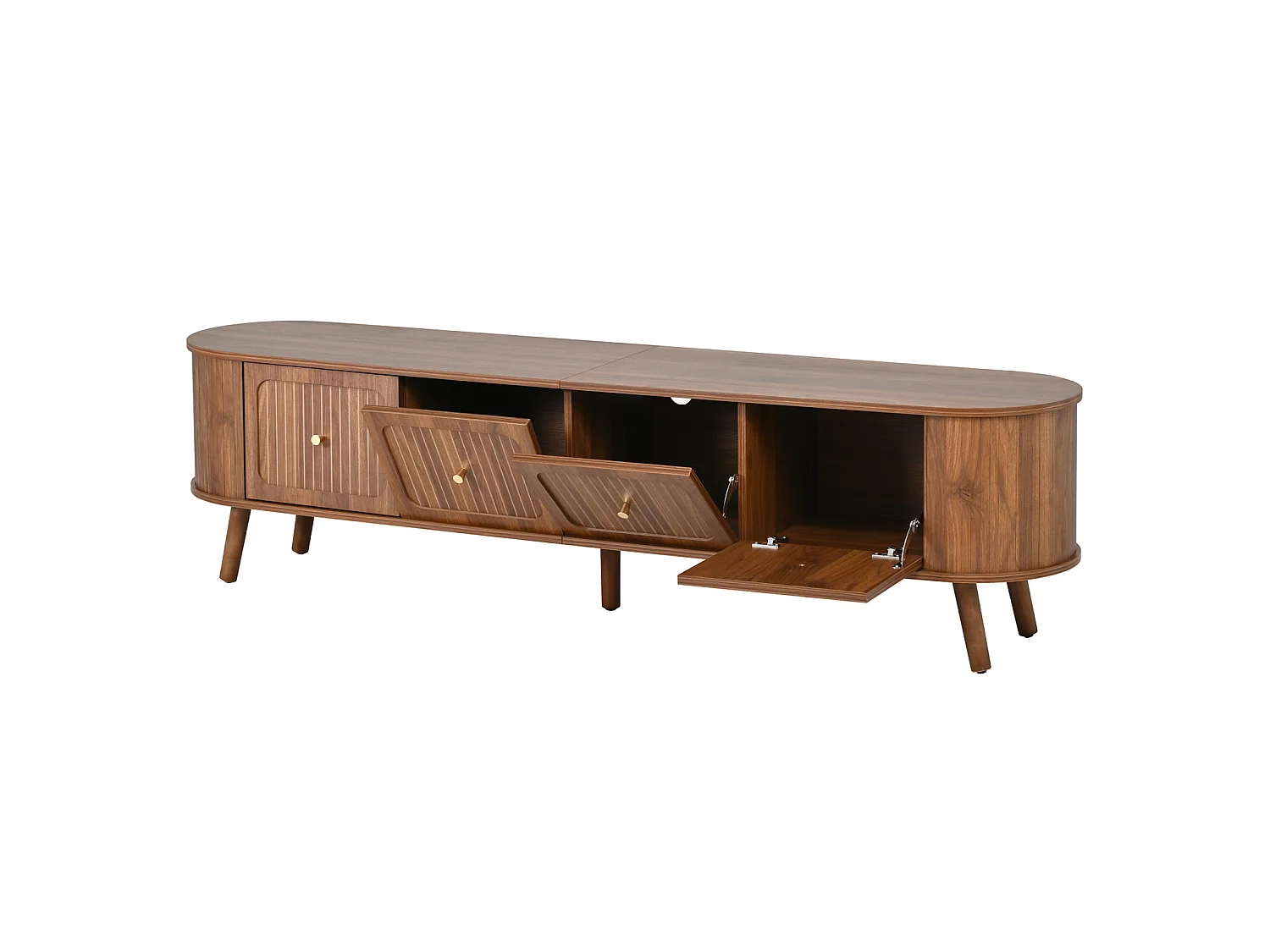 Meuble TV 180 x 38 x 47 cm, 4 portes, poignées dorées, pieds en bois, noyer