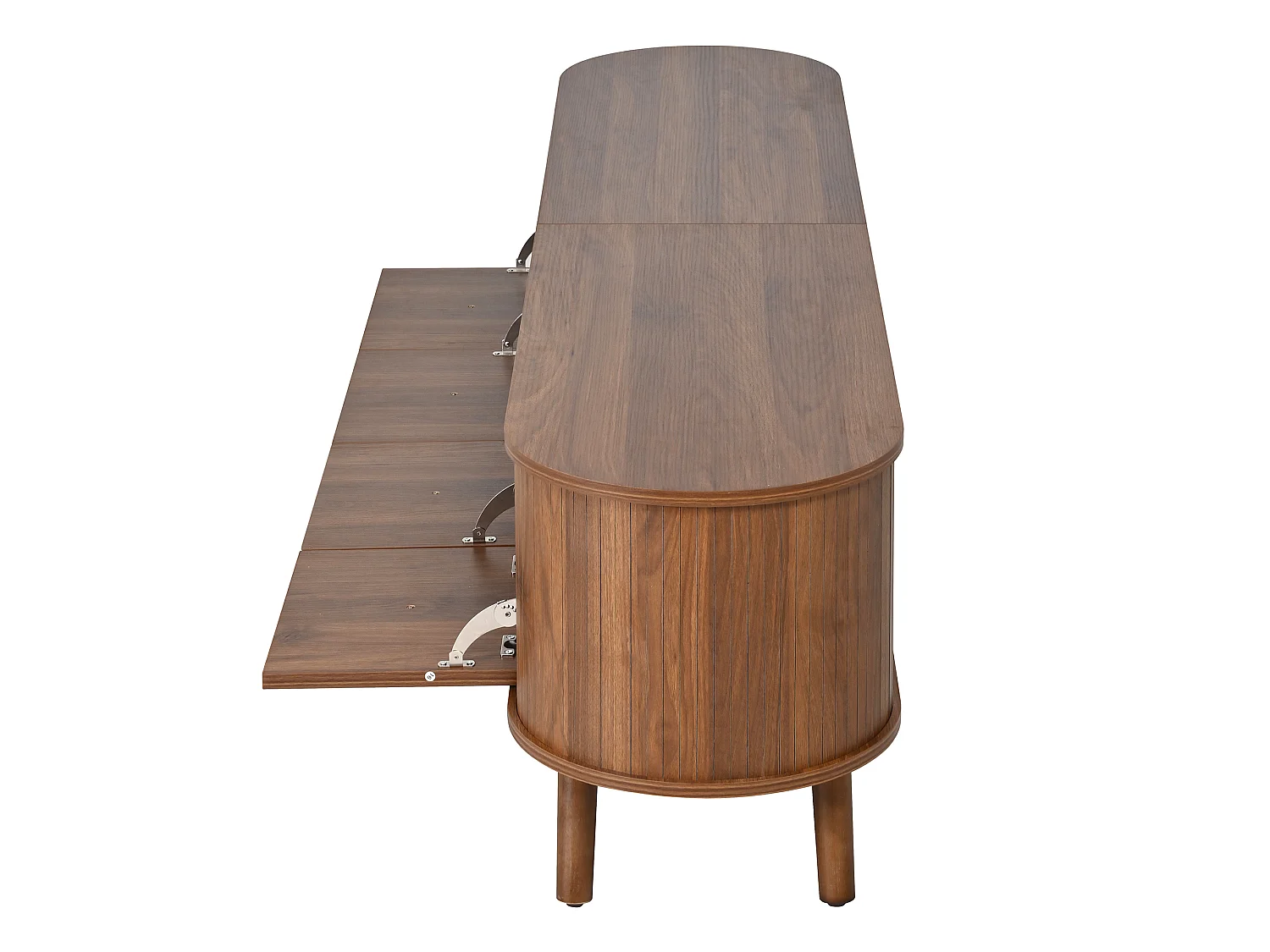 Meuble TV 180 x 38 x 47 cm, 4 portes, poignées dorées, pieds en bois, noyer