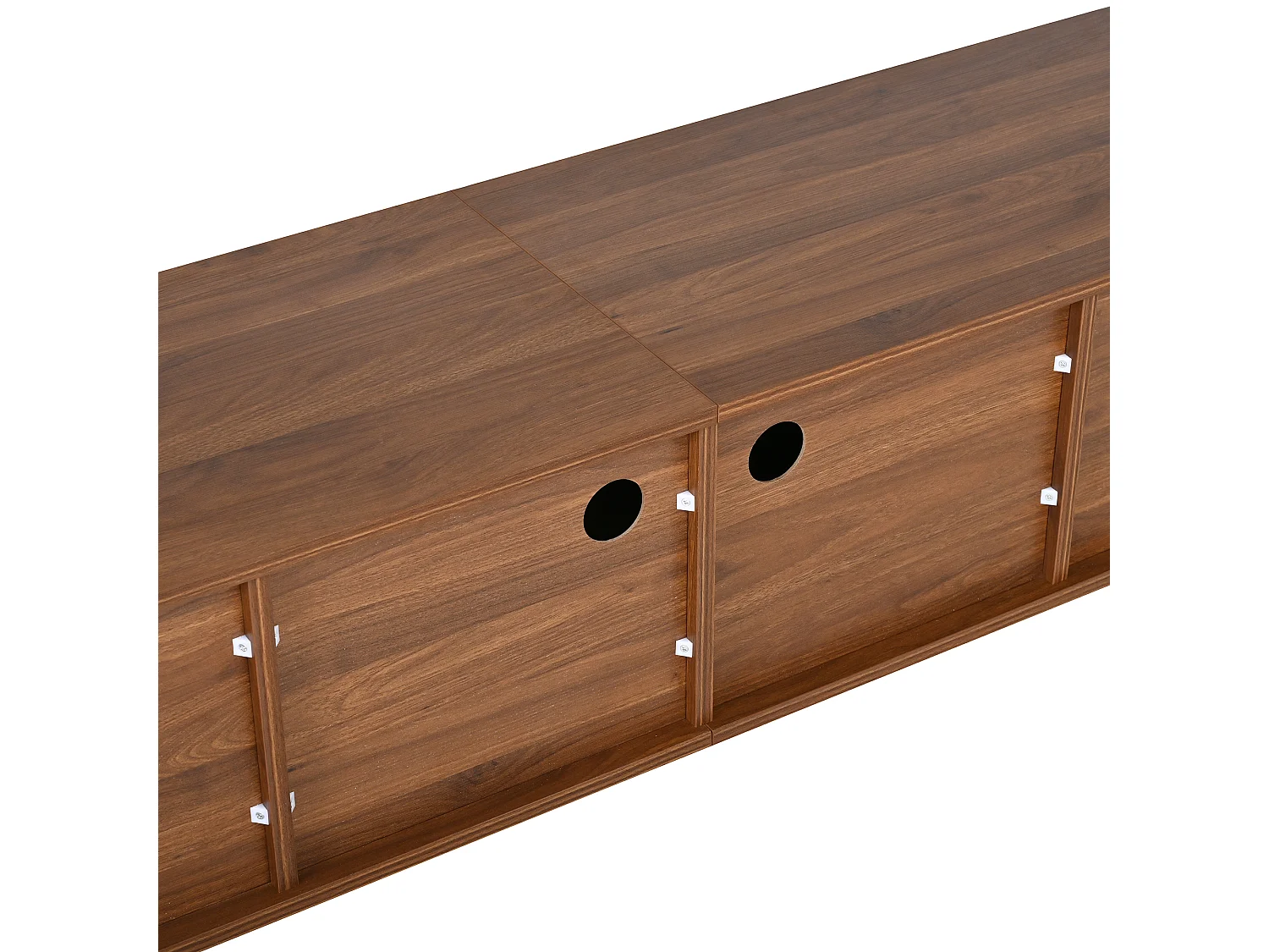 Meuble TV 180 x 38 x 47 cm, 4 portes, poignées dorées, pieds en bois, noyer