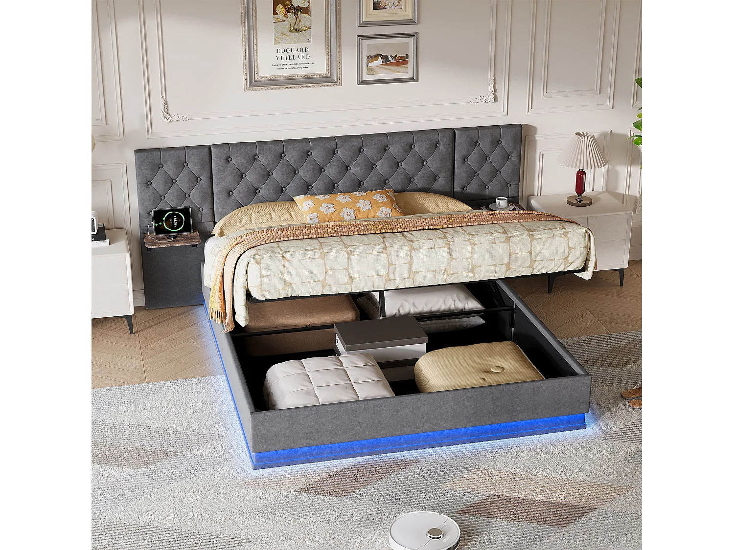Cama doble de 140 x 200 cm con cabecero tapizado, iluminación LED y compartimento de almacenamiento hidráulico, ropa de cama, color gris.